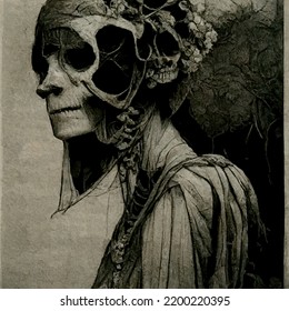 Gothic Dark Art Skeleton Woman Archaic Alchemy Lady Death