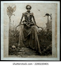 Gothic Dark Art Skeleton Woman Archaic Alchemy Lady Death