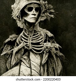 Gothic Dark Art Skeleton Woman Archaic Alchemy Lady Death