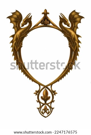 Gothic Golden Frame with Two Dragons. Digital painting. Fantasy art.