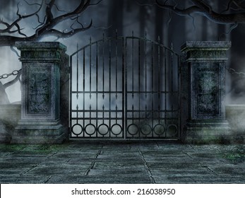 Gothic Graveyard Gate With Old Withered Trees