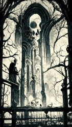 Gotische Horror Dunkle Szene Mit Schädelknochen Und Skelett. Abstrakte Illustrationskunst