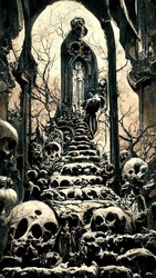 Gotische Horror Dunkle Szene Mit Schädelknochen Und Skelett. Abstrakte Illustrationskunst