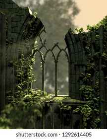 Gothic old ruins covered with ivy, 3d render