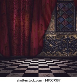 Gothic Room Interior With Checkered Floor And Red Curtain.