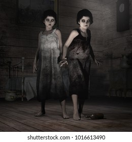 Gothic Scene With Twins In Old Dusty Room. 3D Illustration.