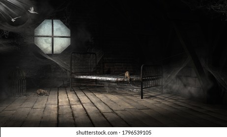 Gothic Scenery With Dusty Room, Rats And Spiders Webs. 3D Illustration.