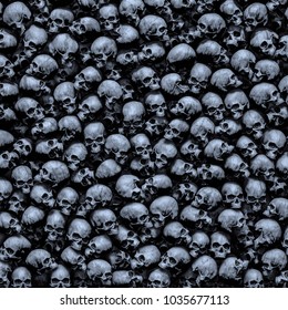 Gothic skulls background / 3D illustration of dark grungy human skulls piled closely together