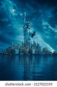 Gothic Statue Of Liberty - 3D Illustration Of Skeleton Lady Liberty Rising Above New York City Skyline With Storm Clouds And Waterfront