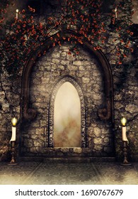 Gothic Stone Wall With Red Rose Ivy And Candles At Night. 3D Illustration.