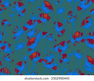 Gothic style seamless pattern with soft blurry poppies flowers. Halloween themed graphic print for clothing, fabric, wallpaper, home decor, wrapping paper in blue and red