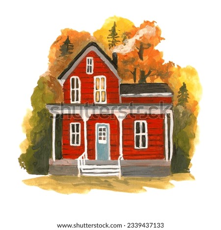 A gouache illustration  old red house, tile roofs and wooden doors. Fairytale of dreams. Cozy autumn, house in forest, watercolour house

 ストックフォト © 