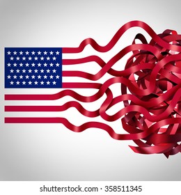 Government red tape concept and American bureaucracy symbol as an icon of the flag of the United States with the red stripes getting tangled in confusion as a metaphor for political inefficiency.