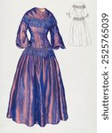 Gown dress by Lillian Causey. Vintage purple gown dress art drawing illustration, purple gown dress painting art print. Vintage painting of purple gown dress drawing of vintage apparel