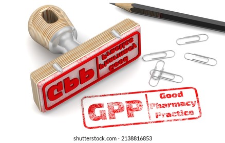 GPP - Good Pharmacy Practice. The stamp and an imprint. The stamp and red imprint GPP.Good Pharmacy Practice on a white surface. 3D illustration