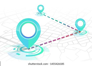 Значок Gps макет градиента синего цвета 3 точки с пунктирными линиями, показывающими на улице белый фон.векторная иллюстрация