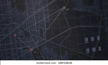 GPS location scanning interface. SIM card tracking. Following by spy security program. Blur, noise, chromatic abberations. Three target indicators. Satellite map view. 3D render concept illustration