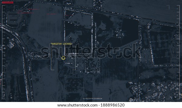 GPS location scanning interface. SIM card\
tracking. Following by spy security program. Blur, noise, chromatic\
abberations. Yellow target indicator. Satellite map view. 3D Render\
concept illustration
