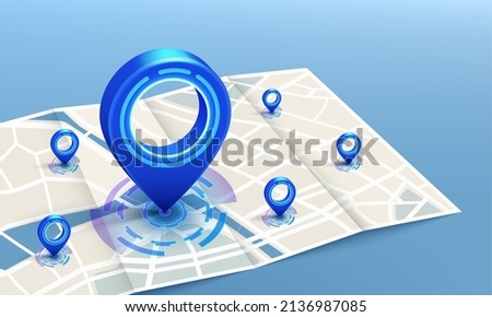 Gps navigation six unit drop on paper map on blue background.3D illustration