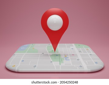 GPS. Navigator Pin Checking  With Map On Pink Background. Location Pin, Location Map, Location Icon. 3d Rendering Illustration.