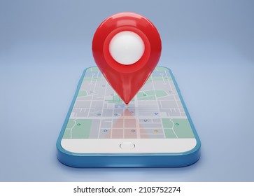 GPS. Red Navigator Pin Checking  With Map On Blue Smartphone, Mobile Phone. Smart Phone. Location Pin, Location Map, Location Icon. 3d Rendering Illustration.