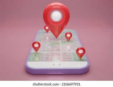 GPS. Red Navigator Pin Checking  With Map On Purple Smartphone, Mobile Phone. Smart Phone. Location Pin, Location Map, Location Icon. 3d Rendering Illustration.
