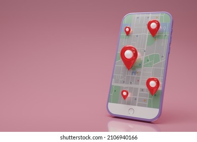 GPS. Red Navigator Pin Checking  With Map On Purple Smartphone, Mobile Phone. Smart Phone. Location Pin, Location Map, Location Icon. 3d Rendering Illustration.