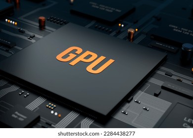 GPU processor on the motherboard. Graphics processing unit accelerates graphics rendering and processes many da. GPUs are used for gaming software and, video editing. 3D illustration