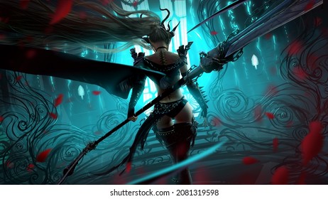 A graceful demoness goes to a magical portal in a turquoise room, she has a slender sexy body, plate armor, long horns and elf ears, she holds a long double-sided braid in her hands.  3d rendering art