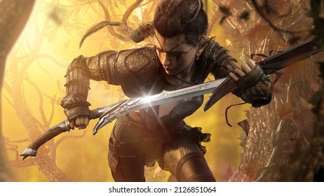 Graceful forest elf warrior jumps through the trees in the autumn sunset forest. like a feather in the wind, taking out sharp shiny blade, she looks down, preparing to attack from ambush. 3d rendering