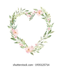 Graceful heart-shaped frame decorated with watercolor flowers and leaves. Festive composition for a greeting card or your design.