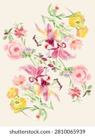 A graceful seamless pattern featuring hand-painted watercolor flowers in soft hues, perfect for feminine textile design and elegant stationery.