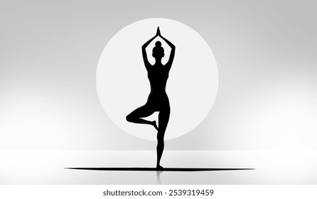 Graceful yoga pose silhouette of woman stretching in front of white moon circle. For wellness websites, yoga studios, meditation apps, and fitness-related content. - Powered by Shutterstock