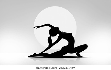 Graceful yoga pose silhouette of woman stretching in front of white moon circle. For wellness websites, yoga studios, meditation apps, and fitness-related content. - Powered by Shutterstock