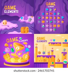 Gradient cartoon game elements compositions set