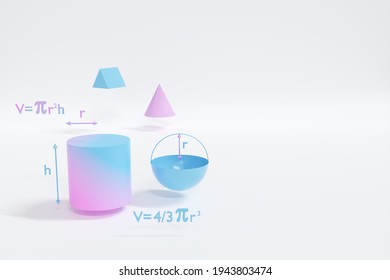 Gradient Color Geometric Shape And Volume Formulas. 3d Render Illustration. Geometry Math Education Background Concept.