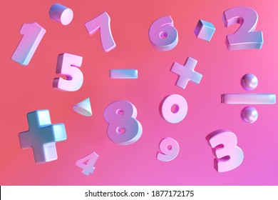 Gradient Color Number And Basic Math Operation Symbols On Pink Background. 3d Render Illustration. Mathematic Education Background Concept.