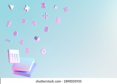 Gradient color number and basic math operation symbols  with calculator and books on blue background. 3d render illustration. Mathematic education background concept.