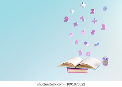 Gradient color number and basic math operation symbols  floating out from open books on blue background. 3d render illustration. Back to school and Mathematic education concept.