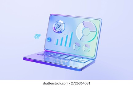 Gradient glass computer laptop software technology business report analysis growth chart financial data platform digital network online style. 3d render illustration