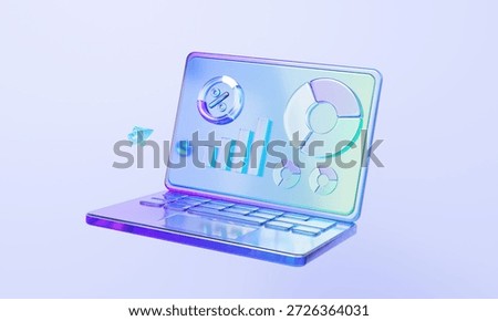 Gradient glass computer laptop software technology business report analysis growth chart financial data platform digital network online style. 3d render illustration
