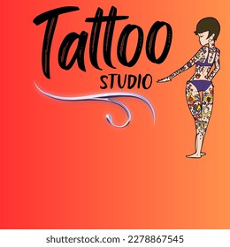 Gradient orange background  tattooed woman  written tattoo studio in black  For tattoo artists  tattoo   piercing supply stores