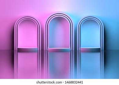 Gradient Pink Blue Interior Scene With Three Round Arches And Podium Over Reflective Mirror Floor. 3d Illustration.