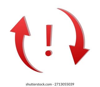 Gradient red 3D sync error symbol with circular arrows and exclamation mark,  representing refresh problem, failure, or issue