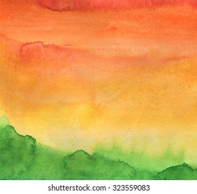 Gradient Red, Orange, Yellow And Green Background. Abstract Landscape. Hand Drawn Illustration.