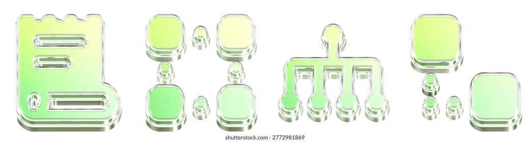 Gradient style 3D icons of activity history, blockchain technology, broadcasting, and computers connecting on transparent background. Data exchange icon collection and design.