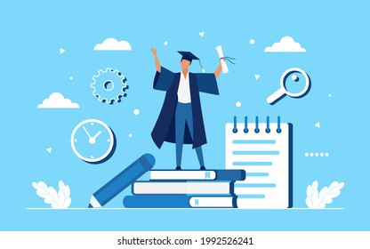 Graduate achievement concept illustration. Cartoon winner student achieving graduation from school or university, wearing hat and robe, holding diploma, standing on stack of books background