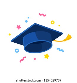 Graduate Cap Flying In Air With Confetti, Graduation Celebration Isolated Illustration. Flat Cartoon Style Icon.