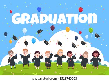 Graduate kids background. Children wearing in academic clothes celebrating graduation day illustration - Powered by Shutterstock