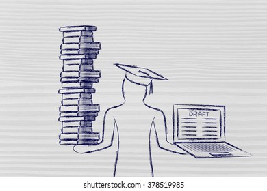 Graduate students holding a big stack of books and laptop with dissertation draft
